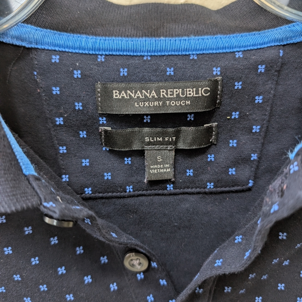 Banana Republic Luxury Touch Size Small Slim Fit Navy Polo W/ Blue Pattern - Picture 2 of 3